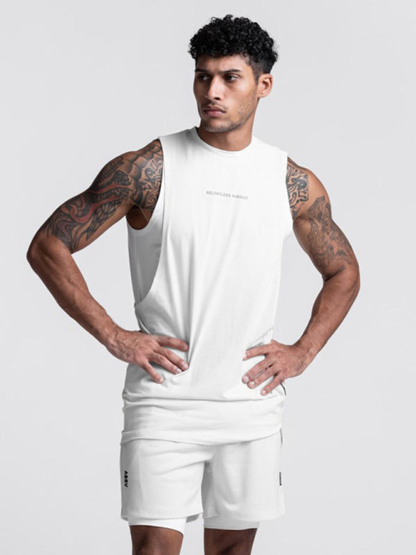 Men’s sports trendy brand loose big slit solid color sleeveless quick-drying vest - White / M