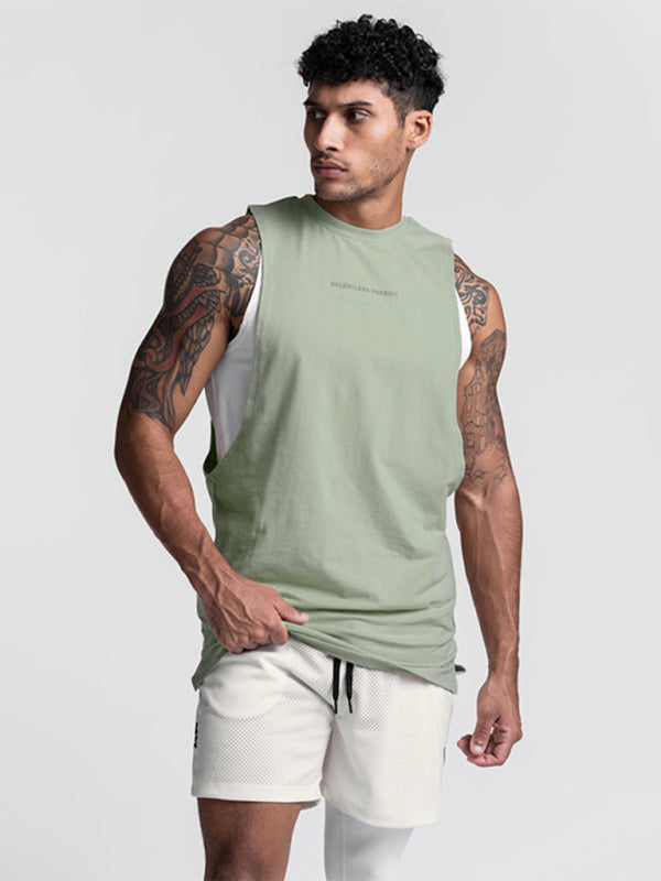 Men’s sports trendy brand loose big slit solid color sleeveless quick-drying vest - Fruit green / M