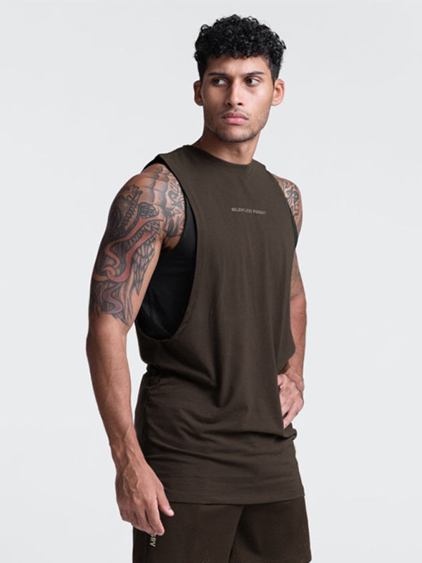 Men’s sports trendy brand loose big slit solid color sleeveless quick-drying vest - Brown / M