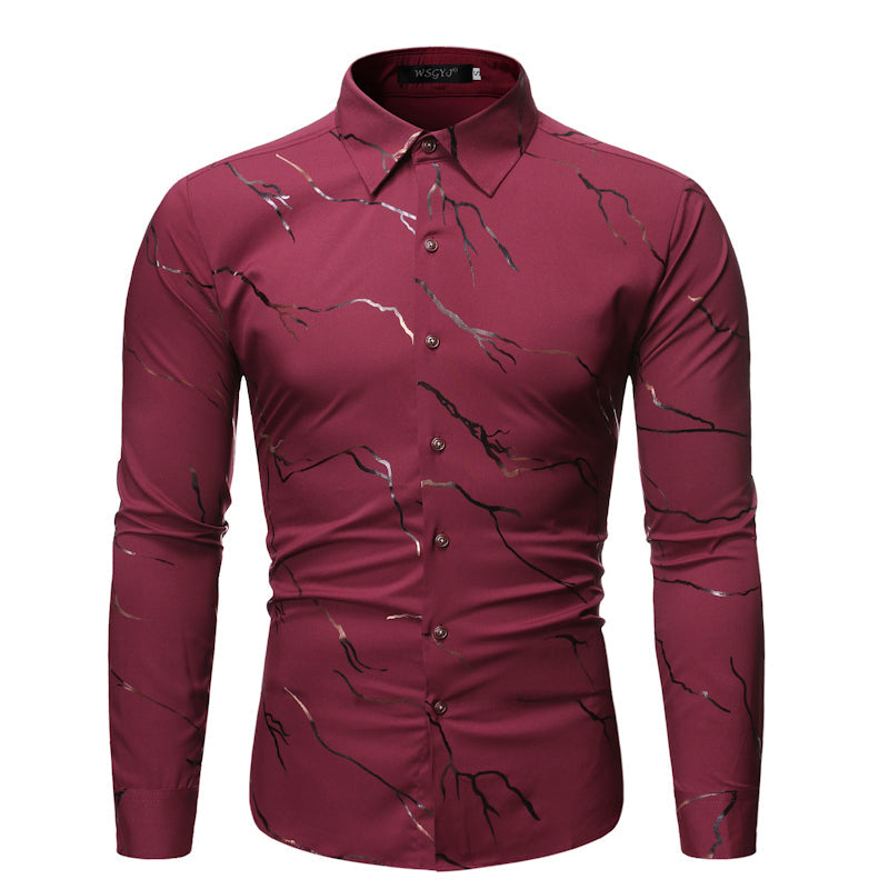 Men’s Stand Collar Line Foil Print Long Sleeve Shirt - Wine Red / S