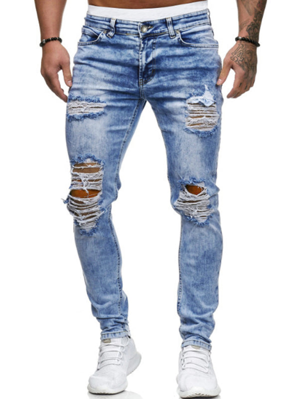Men’s Street Style Four Seasons Cotton Blend Knit Denim Jeans - Clear blue / S