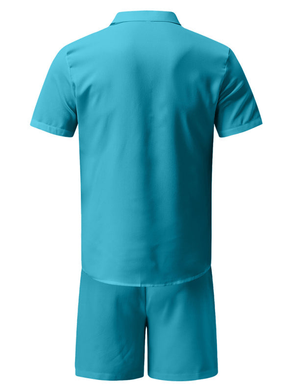 Men’s Summer Lapel Cotton Linen Solid Color Short Sleeve Shorts Set