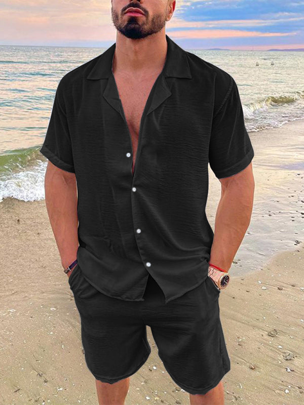 Men’s Summer Lapel Cotton Linen Solid Color Short Sleeve Shorts Set - Black / M