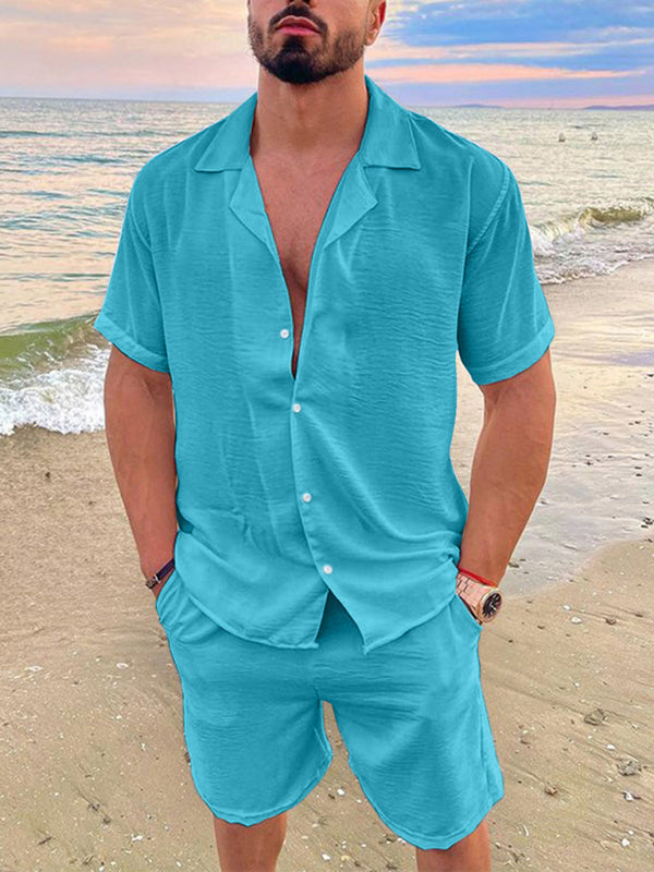Men’s Summer Lapel Cotton Linen Solid Color Short Sleeve Shorts Set - Acid blue / M