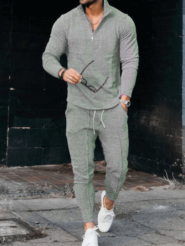 Men’s Textured Casual Half Zipper Stand Collar Suits