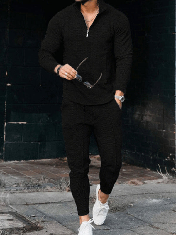 Men’s Textured Casual Half Zipper Stand Collar Suits - Black / M