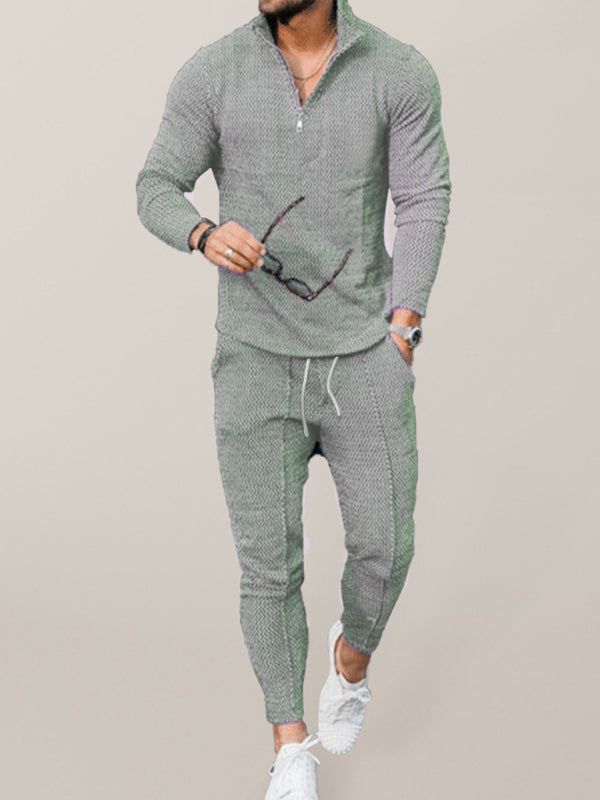 Men’s Textured Casual Half Zipper Stand Collar Suits - Misty grey / M