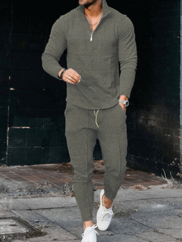 Men’s Textured Casual Half Zipper Stand Collar Suits - Olive green / M