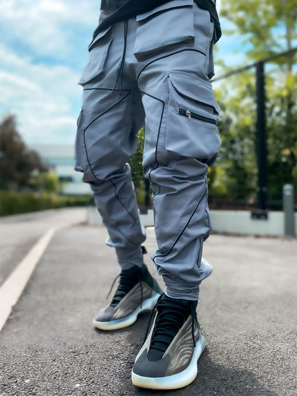 Men’s trendy loose straight multi-pocket cargo pants - Grey / M