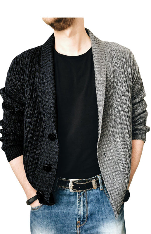 Men’s Two Tone Patchwork Single Breasted Long Sleeve Sweater Cardigan - Black / M