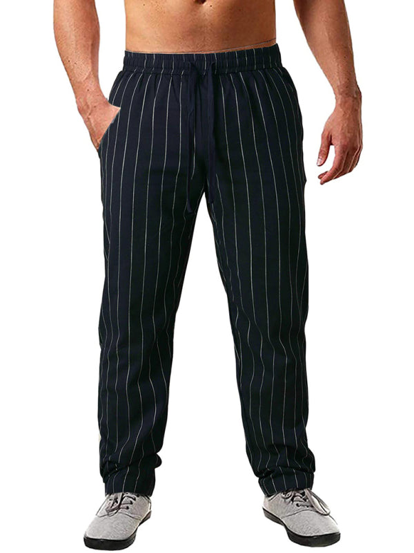 Men’s vertical striped lace-up elastic waist beach pants casual trousers - Black / M