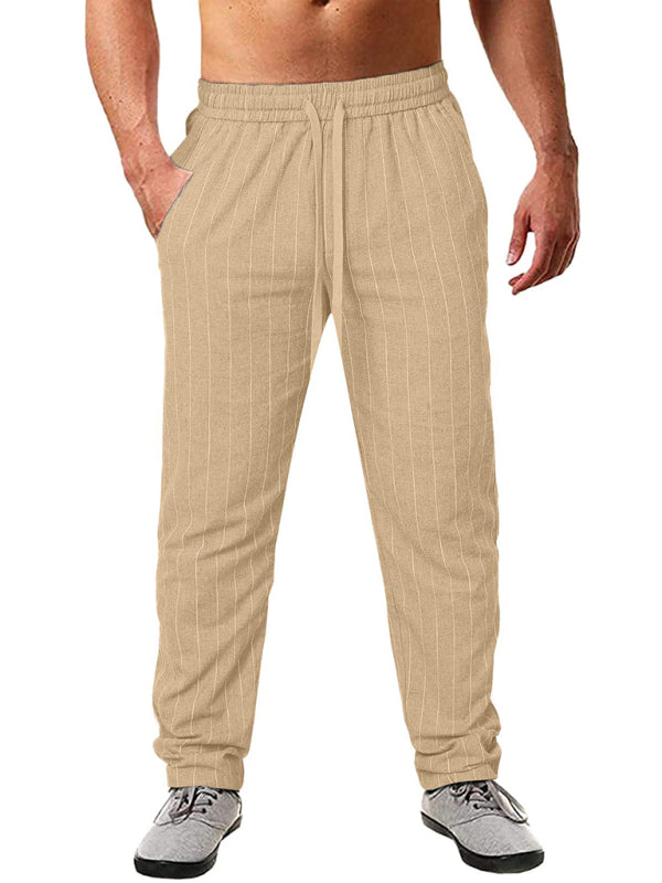 Men’s vertical striped lace-up elastic waist beach pants casual trousers - Khaki / M