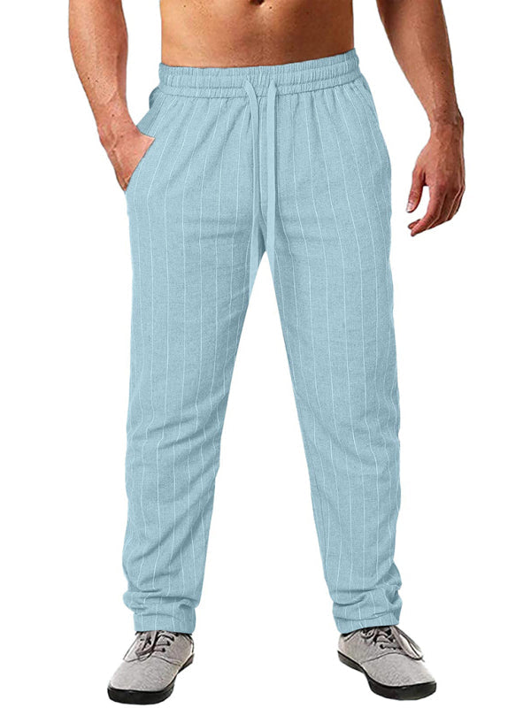 Men’s vertical striped lace-up elastic waist beach pants casual trousers - Sky blue azure / M