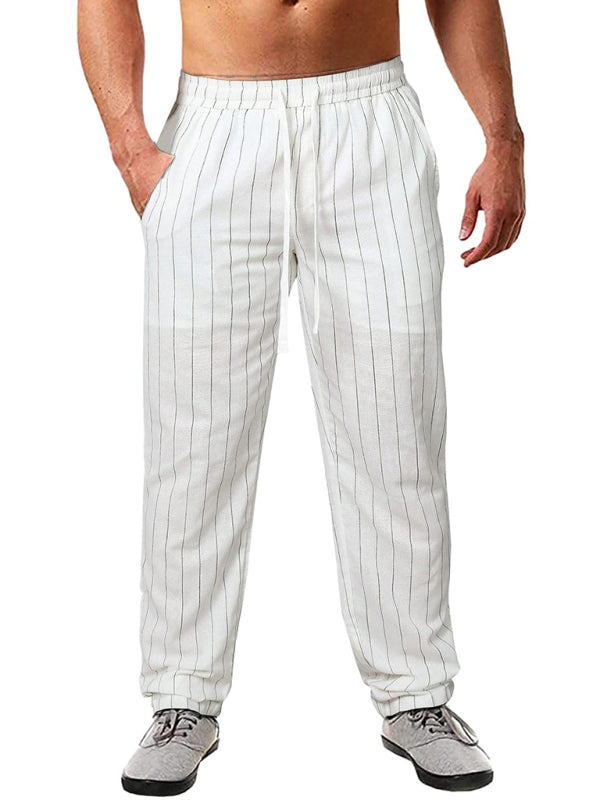 Men’s vertical striped lace-up elastic waist beach pants casual trousers - White / M