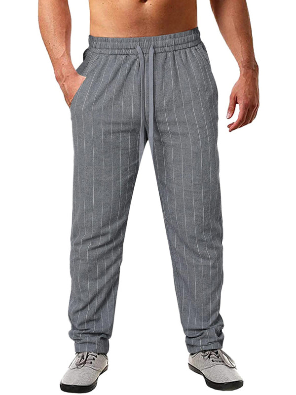 Men’s vertical striped lace-up elastic waist beach pants casual trousers - Grey / M