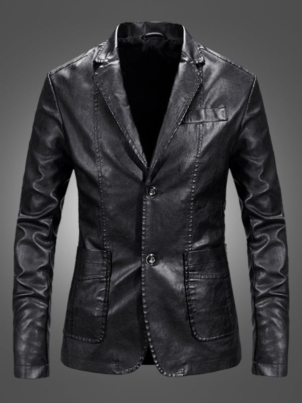 Men’s Warm Casual Slim Leather Leather Suit - Black / M