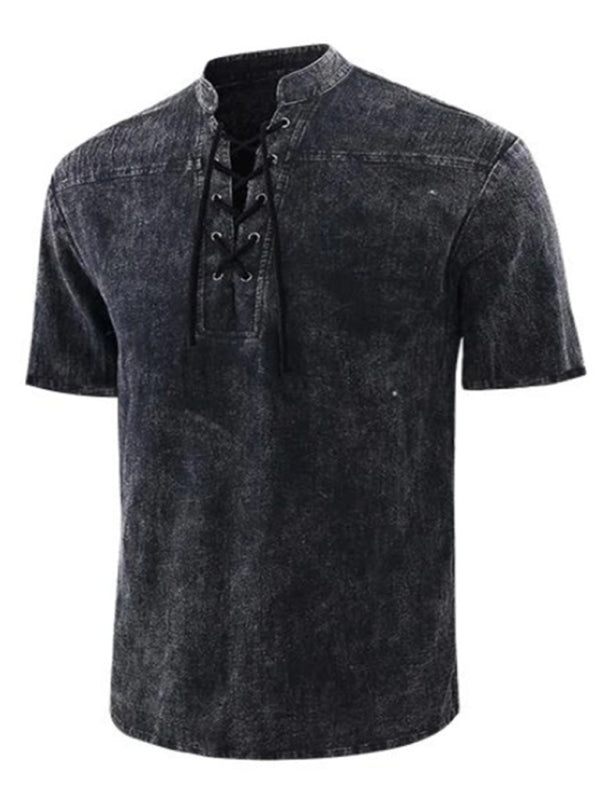 Men’s Woven Retro Lace Up Collar Casual Short Sleeve Shirt - Black / S