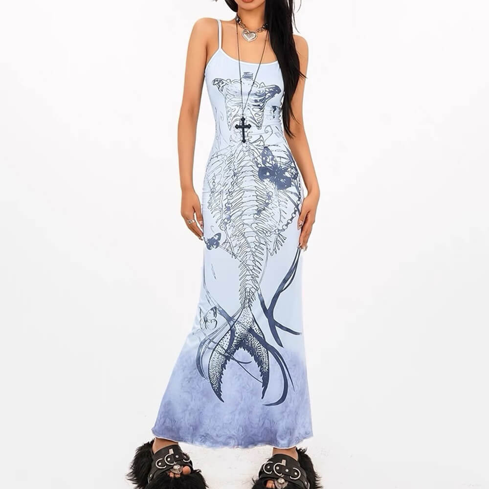 MERMAID SKELETON MAXI DRESS SKELETON PRINT GOWN