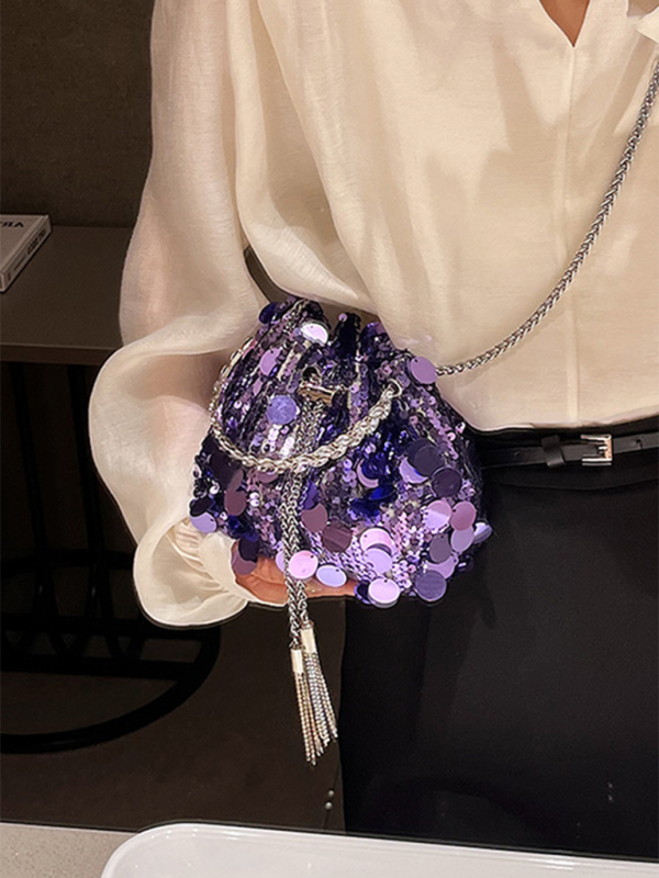 Metal tassel sequin evening bag hand-held crossbody bucket lipstick bag - Purple / FREESIZE