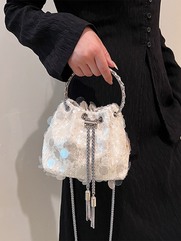 Metal tassel sequin evening bag hand-held crossbody bucket lipstick bag - White / FREESIZE