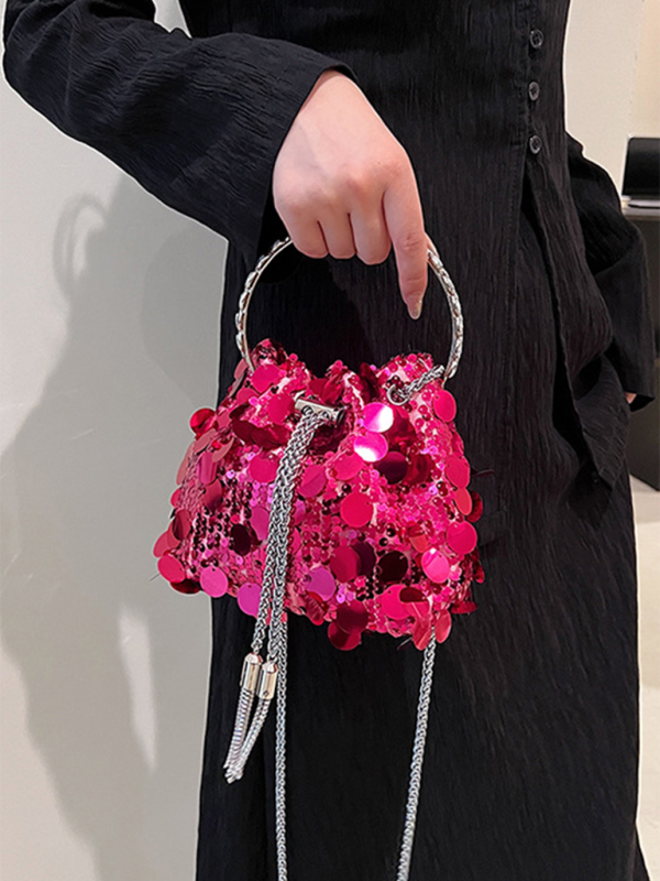 Metal tassel sequin evening bag hand-held crossbody bucket lipstick bag - Pink / FREESIZE