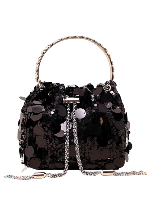 Metal tassel sequin evening bag hand-held crossbody bucket lipstick bag - Black / FREESIZE