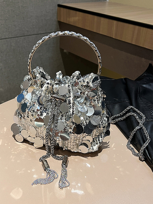 Metal tassel sequin evening bag hand-held crossbody bucket lipstick bag - Silver / FREESIZE