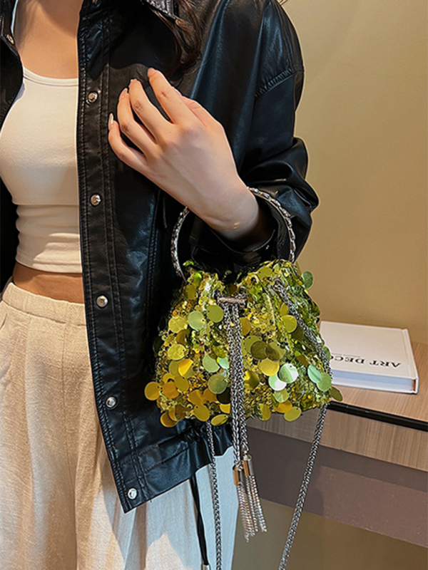 Metal tassel sequin evening bag hand-held crossbody bucket lipstick bag