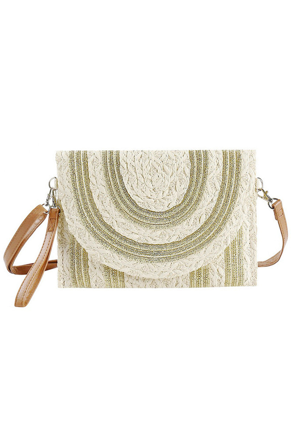 Metallic Gold Striped Pattern Straw Crossbody Bag