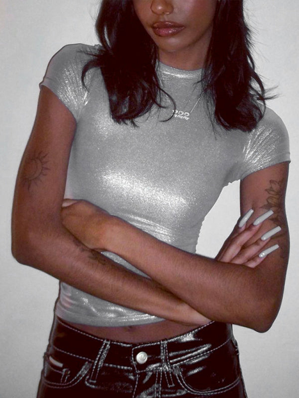 Metallic Round Neck Short Sleeve T-Shirt Top - Silver grey / S