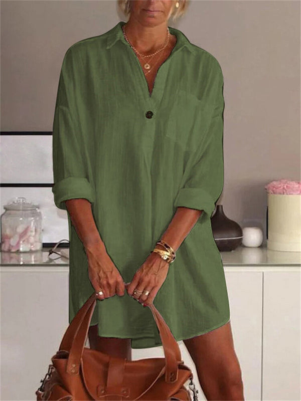 Mid-Length Shirt Collar Button Long Sleeve Shirt - Green / S
