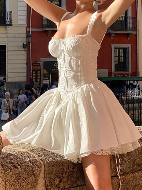 MINI DRESS - ELEGANT WHITE FRENCH SWEET LACE TRIMMED DESIGN