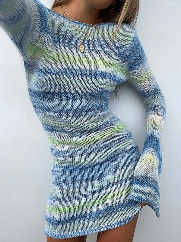 MINI DRESS WITH VINTAGE BACKLESS STRIPED DESIGN AND TRUMPET SLEEVES