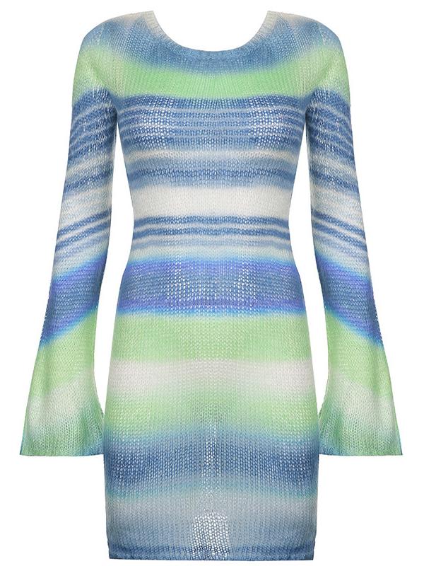 MINI DRESS WITH VINTAGE BACKLESS STRIPED DESIGN AND TRUMPET SLEEVES