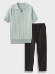 MINT GREEN KNIT POLO SHIRT AND BLACK PANTS CASUAL SET FOR EFFORTLESS STYLE