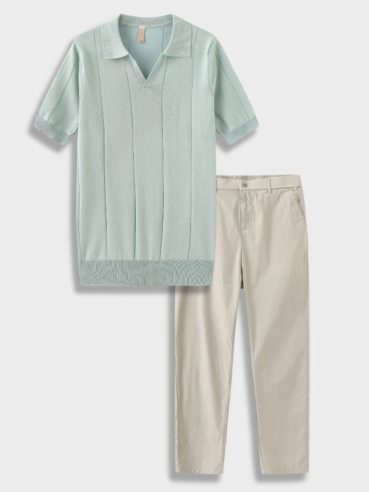MINT GREEN KNIT POLO SHIRT AND BLACK PANTS CASUAL SET FOR EFFORTLESS STYLE