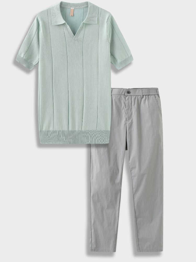 MINT GREEN KNIT POLO SHIRT AND BLACK PANTS CASUAL SET FOR EFFORTLESS STYLE