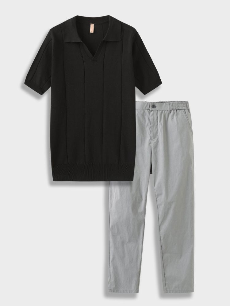 MINT GREEN KNIT POLO SHIRT AND BLACK PANTS CASUAL SET FOR EFFORTLESS STYLE