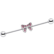 14G Pink Gem Knotted Bow Industrial Barbell 35mm