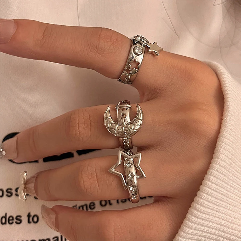 MOONLIT MYSTIQUE SILVER RING SET THREE PIECE SILVER RING SET