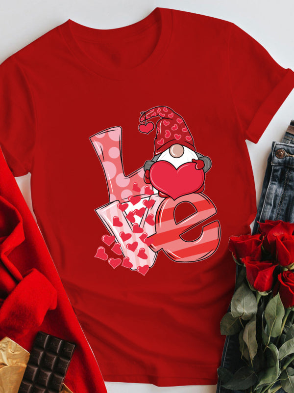 Mother’s Day Valentine’s Day plus size couple love LOVE romantic print short-sleeved T-shirt - Red / S