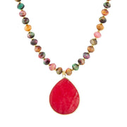 Jeweled Multicolor Tiger's Eye and Pink Jade Pendant Golden Necklace