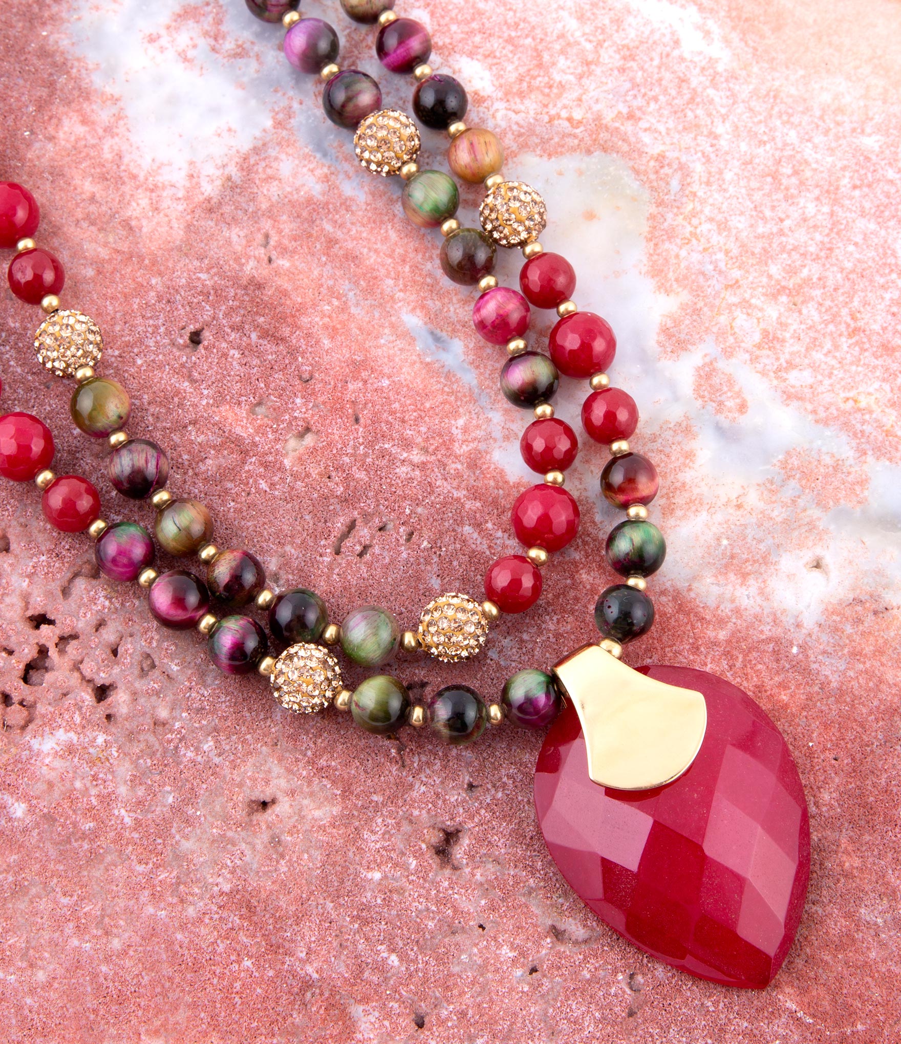 Jeweled Multi-Color Tiger's Eye and Raspberry Quartz Pendant Golden Necklace