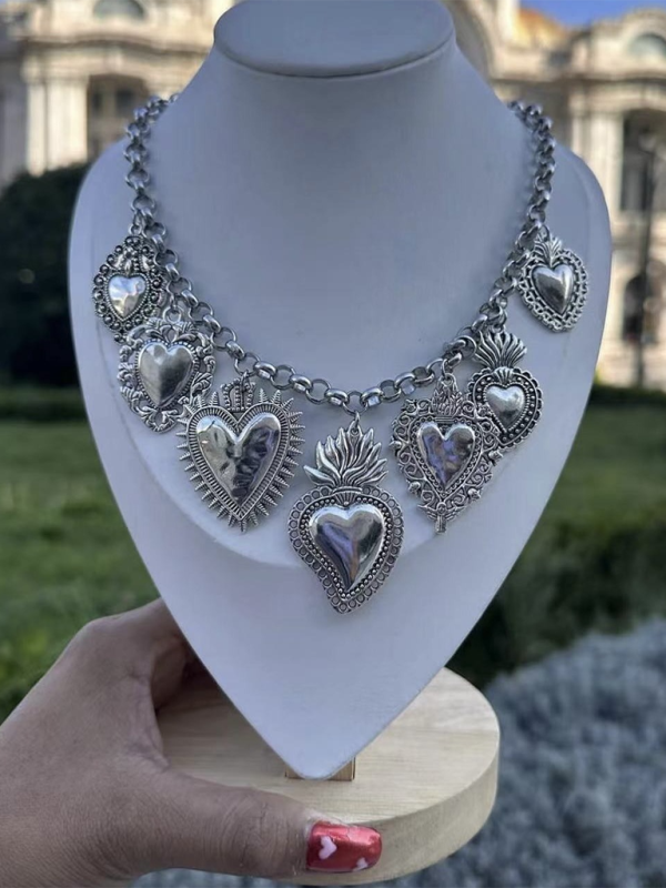 Multiple Sacred Heart Pendant Necklace Silver Chain Personalized Design Female Jewelry - Silver / FREESIZE