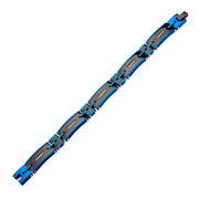 Mens Stainless Steel Solid Carbon Graphite and Blue IP with Clear CZ Gem Link Bracelet