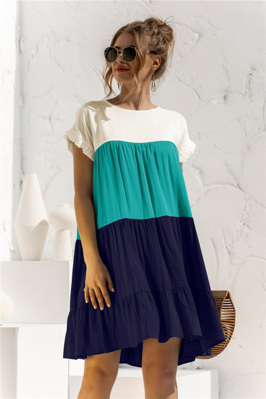 Robe-chemise bébé ample à manches courtes et blocs de couleur pour femme 