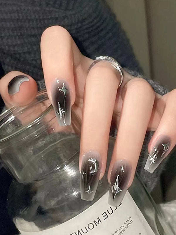 NAIL ART SET OMBRE BLACK AND GRAY WITH MOON PATTERN AND STAR ACCENTS