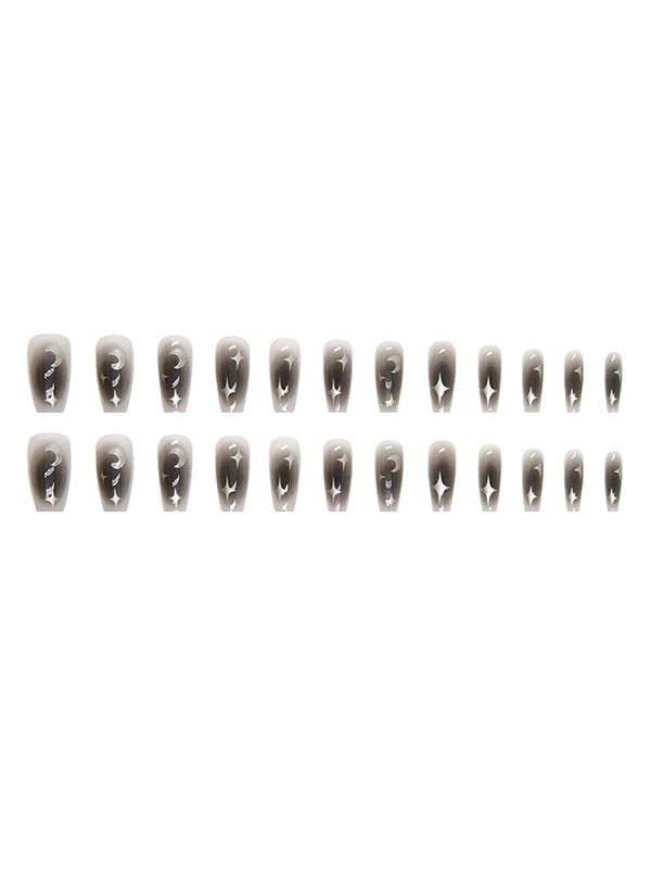 NAIL ART SET OMBRE BLACK AND GRAY WITH MOON PATTERN AND STAR ACCENTS