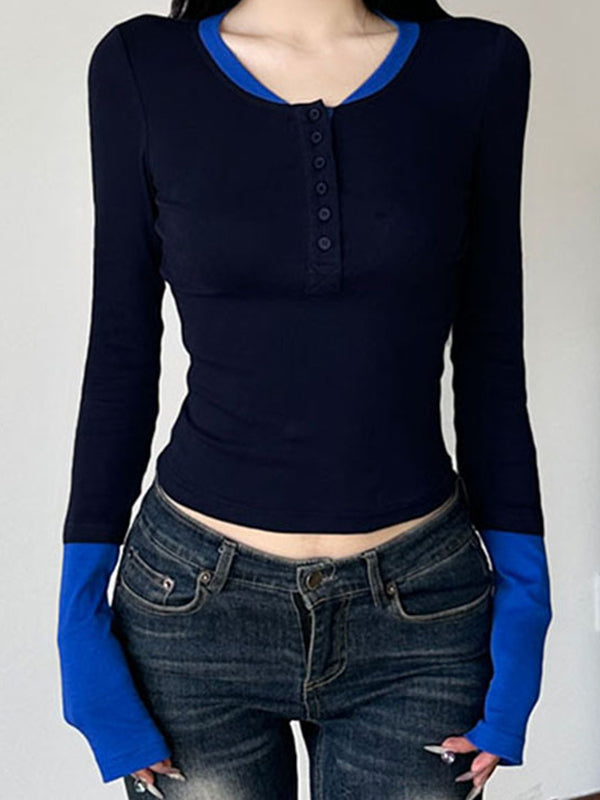 NAVY AND BLUE LONG-SLEEVED TOP WITH COLOR BLOCK DESIGN