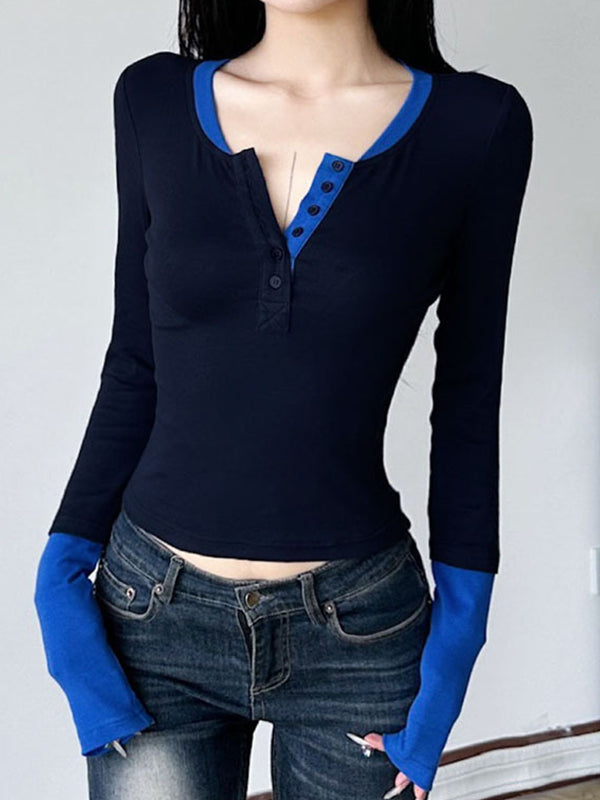 NAVY AND BLUE LONG-SLEEVED TOP WITH COLOR BLOCK DESIGN